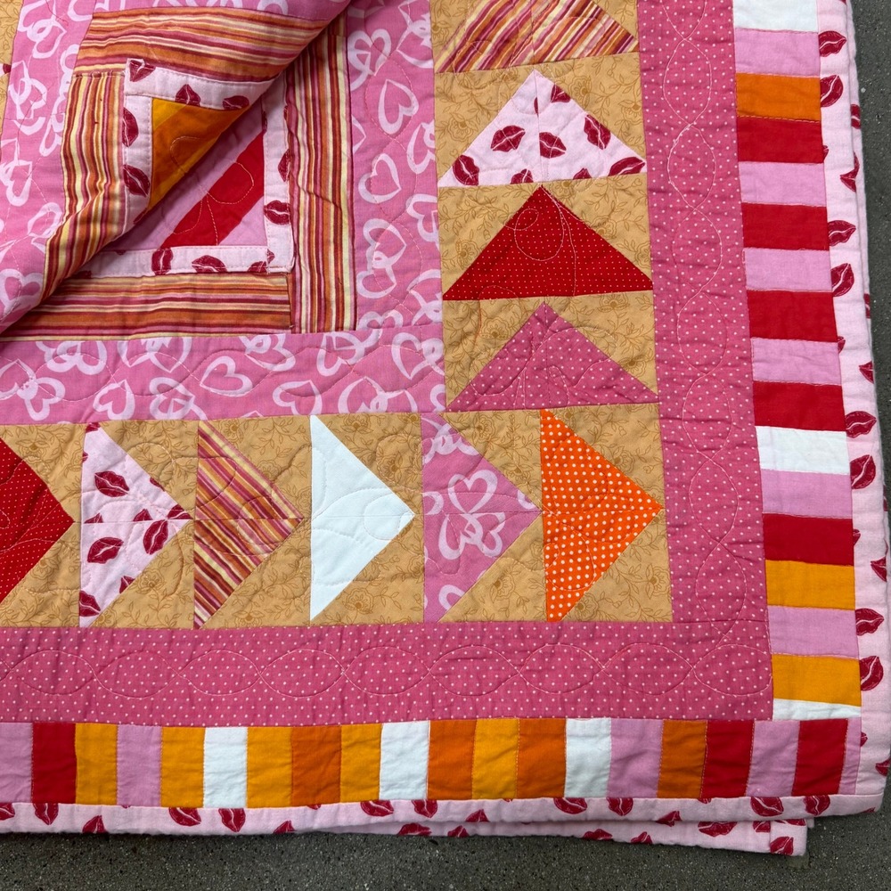 Y2K Style Handmade Twin Quilt Pink Orange Red Flying Geese Hearts 60x96 - Picture 4 of 5